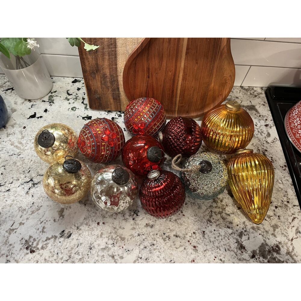 Set Of 9 Large Vintage Kugel Gold And Blue Glass Ball Ornaments Ribbed